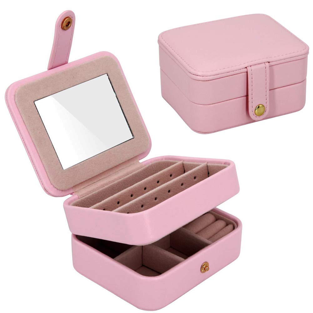AijosoSmall Jewelry Box, Travel Mini Organizer Double Layer Portable Jewelry Display Storage Case for Necklaces Bracelets Earrings Rings, Gifts for Girls Women Mini Jewelry Case Pink