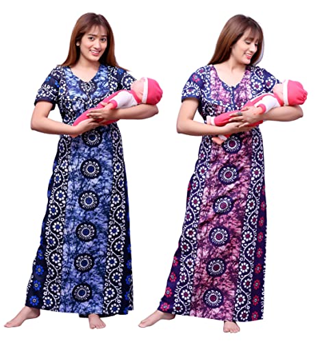 Image of Feeding Nighty in Fine Cotton 2 Side Zips for Feeding Purpose & Neck Buttons for Easy Wearing Soft Cotton Maternity Nighty for Women Feeding Combo Feeding Nighty for Women Cotton Combo of 2Pcs