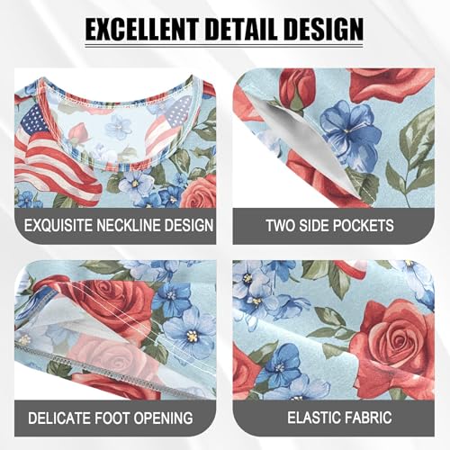 July 4th Independence Day American Flag Rose Pajama Set Pajamas Sleepwear Nightwear Loungewear Clothes Set B04046014