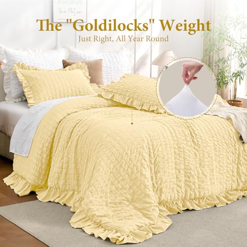 Image of JOLLYVOGUE King Size Comforter Set, 3 Pieces Light Yellow Seersucker Comforters King Size, Lightweight & Fluffy Bedding Sets King for All Season with 1 Ruffle Comforter and 2 Ruffle Pillowshams