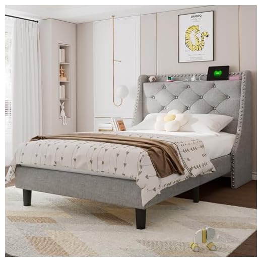 Feonase Twin Bed Frames with Luxury Wingback and Fast Charging Station,Upholstered Button Tufted Storage Headboard Twin Platform Bed,Sturdy Wooden Slats Support,Noise-Free,Easy Assembly,Light Gray