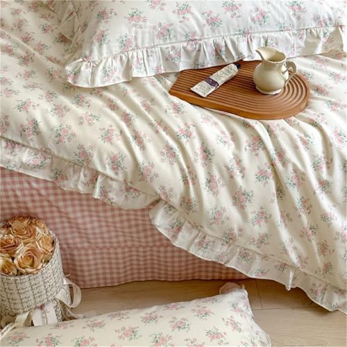 Image of MKXI King Size Floral Duvet Cover Set - 100% Cotton Ruffled Bedding with Pink Blossom Pattern, Sweet Cottagecore Aesthetic Comforter Cover for Teen Girls & Women