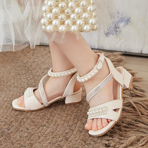 Girls Dress Sandals Kids Low Heels Open Toe Wedding Party School Summer Pearls Glitter Strap Flower Girl Shoes3