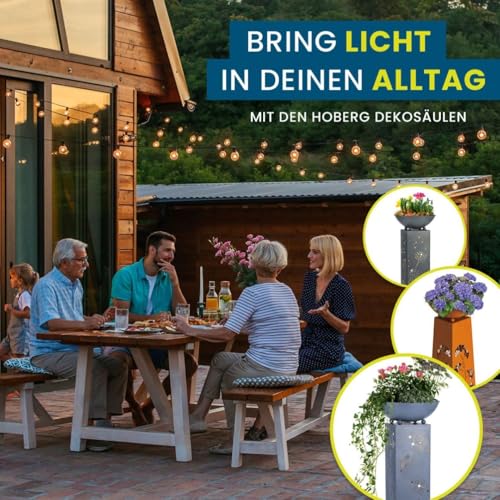 Hoberg LED Pflanzsäule Ginkgoblätter-Design in Beton-Optik | Abnehmbare Pflanzschale (Ø 34cm) In- und Outdoor geeignet | Integrierte Beleuchtung, 6h Timer, kabellos [23 x 23 x 70 cm]