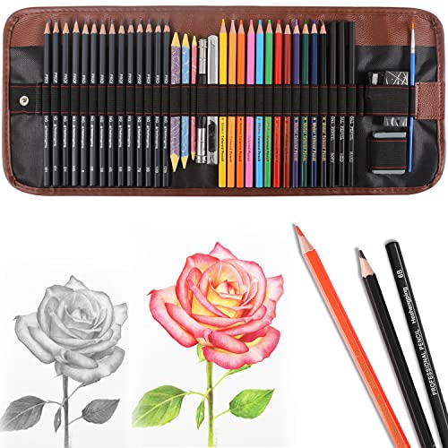 Heshengping, 41Pcs Sketching Pencil Set Drawing Sketch Kit Graphite Pencils Charcoal Pencils Watercolor Pencils Blending Stumps 50Page Sketchbook, Coloring Book, Beginners Artist Teens And Adults #TOP6