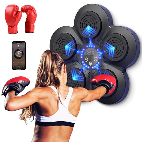 Warmfunn Boxeo Musical, Dispositivo electrónico portátil de pared en casa, Smart Bluetooth Music Boxer, regalo (negro+luz azul+guantes adultos)