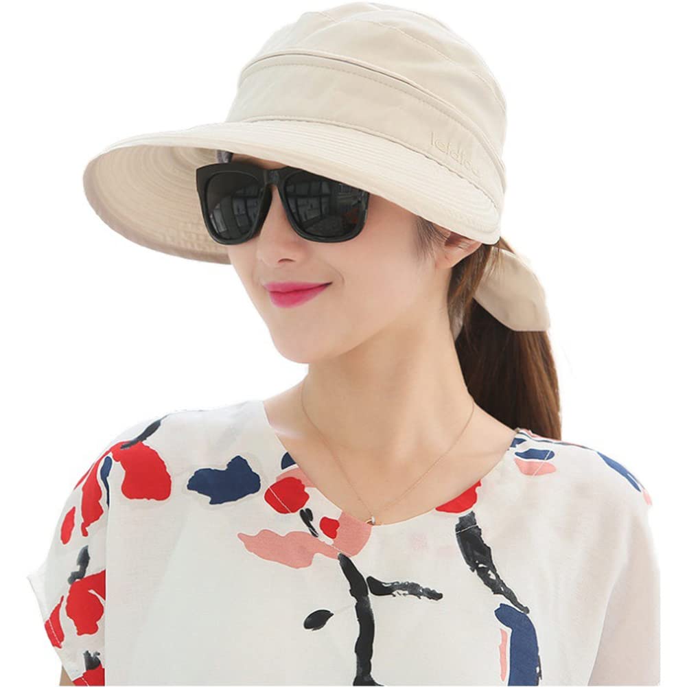 Xinchia Women's Beige Sun Visor Hat Wide Brim Summer Uv Protection Cap Golf Visor Hat Beach Visors Caps For Removable Topless Foldable Summer Travel Hats Packable Bucket With Bowknot