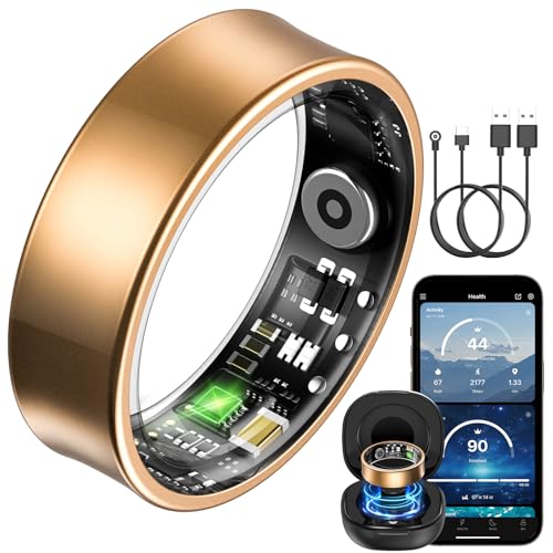 BANLVS Smart Watch Ring für Herren Damen Fitness Ring mit 24/7 Herzfrequenz HRV SpO2 Schlaf Temp 176 Sportmodi IP68 Wasserdicht Smartring APP kein ABO für Android und iOS (Gold 65.4mm(11))