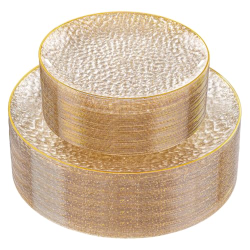 Rubtlamp 60Pcs Clear Gold Plastic Plates Gold Glitter Disposable Plates Hammered Plastic Plates Included 30 Dinner Plate And 30 Dessert Plates for Party