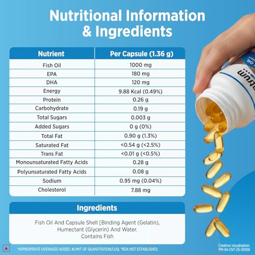 Image of Centrum Omega 3 Fish Oil Capsules 1000mg Supplements | Omega 3 with 180mg EPA, 120mg DHA for Hair and Skin Health, Joint Health, Brain Health | No Fishy Aftertaste - 60 Capsules
