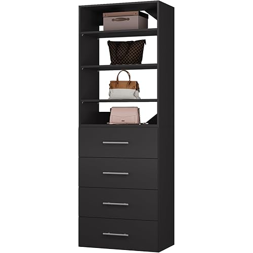 ROOMTEC Modular Closet System, 25.5" 4 Drawer Shelf Closet Tower Wall-Mounted Closet Organizer, Wooden Tower for Walk-In Closets, Wardrobe Storage Kit, Black