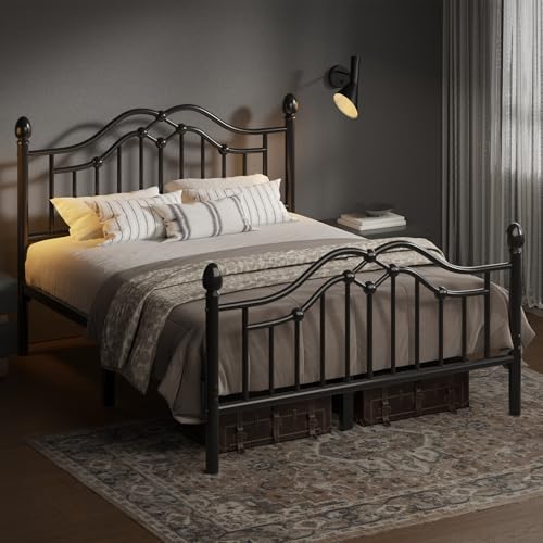 LOEWAY Full Metal Bed Frame with Classical Headboard and Footboard Black