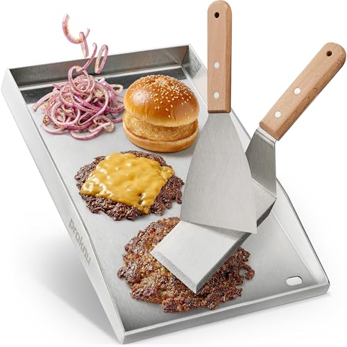 Praknu Plaque Plancha Barbecue Gaz (30x40 cm) – Avec Évacuation de Graisse – 2 Spatules Incluses – Plaque pour Barbecue Gaz & Charbon – Plancha Acier Facile à...