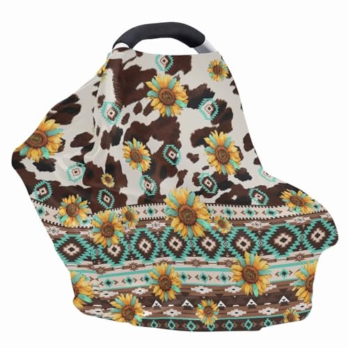 Image of Binienty Aztec Geometric Sunflower Cow Print Baby Car Seat Cover, Stretchy Fabric Carseat Canopies, Multi Use High Chair /Shopping Cart /Stroller Cover