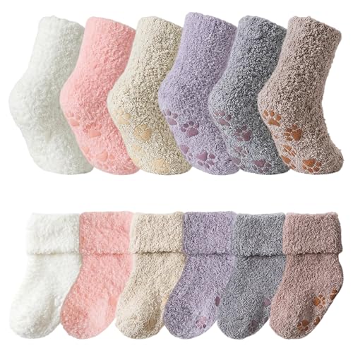 viiotu 6 Pairs Toddler Fluffy Socks with Grips Kids Thermal Winter Warm Non Slip Bed Socks for Boys Girls 1-5 Years (AU, Age, 3 Years, 5 Years, Color B)