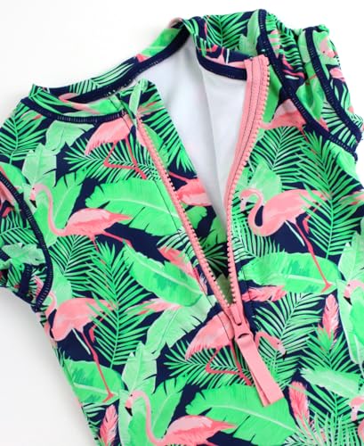 RuffleButts Flamingo Frenzy Girls Short Sleeve One Piece Rash Guard - 103