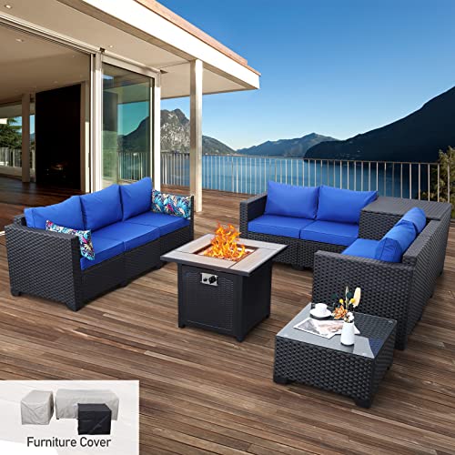 Outdoor Furniture Sets Fire Table 6 Pcs Patio Furniture Set Gas Fire Pit Table With Outdoor Storage Box Glass Coffee Table And Waterproof Covers Anti-Slip Royal Blue Cushions #TOP1