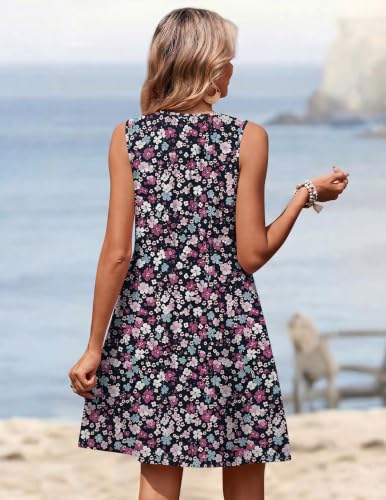 Image of Zeagoo Summer Dresses for Women 2026 Sleeveless Dress V Neck Tank Dress Pleated Floral Tshirt Sundresses with Pockets