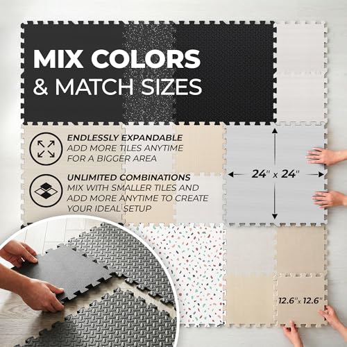 bemaxx Gym Mats Set - 12 pcs EVA Interlocking Foam Floor Tiles (24.4\"x24.4\"x0.4\") 48 sqft Protective Gym Flooring Sports Home Workout Exercise Mats Puzzle Garage Fitness Play-Room Pool Treadmill Bike