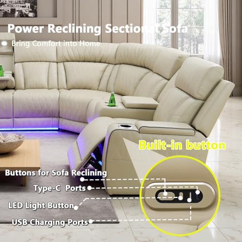 Image of Leather Power Reclining Sectional Sofa Set with LED, Leather Sectional Recliner Couch Set with 5 Recliner Seats,Modular Sofa with USB Port,Cup Holder,Storage for Living Room Furniture