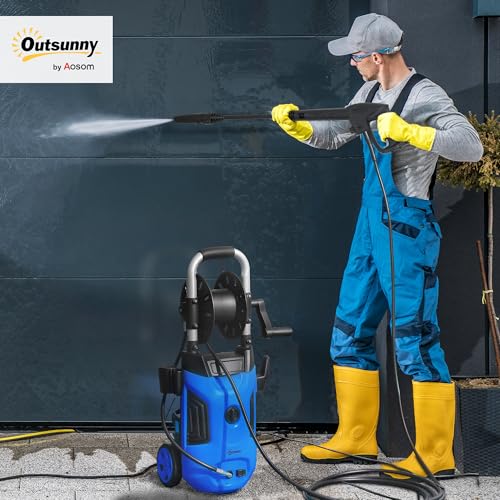 Outsunny 1800W High Pressure Washer, 150 Bar Pressure, 420 L/h Flow, Portable Power Washer Jet Wash Cleaner with Adjustable Nozzle, 6M Hose, Hose Reel, Steel Handle for Home Patio Car Driveway, Blue - Image 2