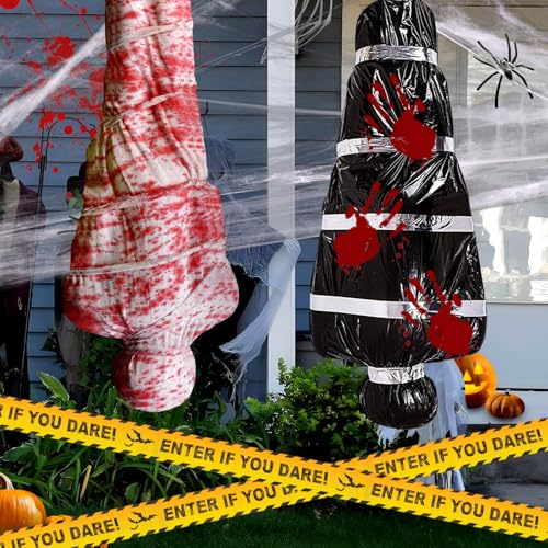 Own1one 2er-Set Gruselige Halloween Aufblasbare Leiche Deko - Aufhängbarer Leichensack mit Blutflecken, inkl. Warnband & Spinnennetz für Outdoor Garten, Friedhof, Tatort & Spukhaus Dekoration