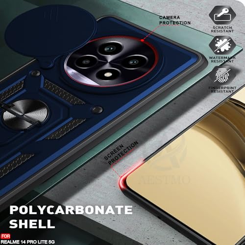 Image of AESTMO Tough Armor Realme 14 Pro Lite 5G Bumper Back Case Cover | Ring Holder & Sliding Camera Shield Cover | 360 Degree Protection Back Case Cover for Realme 14 Pro Lite 5G (Blue)