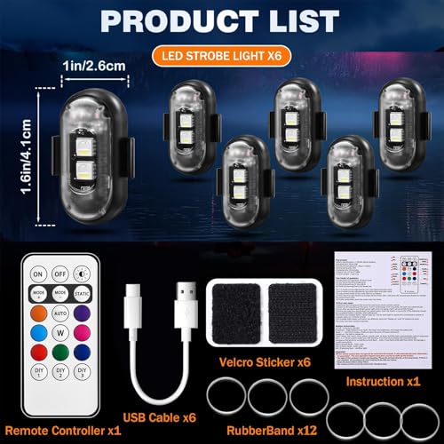 6 Stück Kabellose LED Lichter, 8 Farben Wasserdicht Blitzlicht mit Fernbedienung, Strobe Drone Light, Fußraumbeleuchtung Unterbodenbeleuchtung LED Innenraumbeleuchtung Blitzer für Drohne, RC-Auto