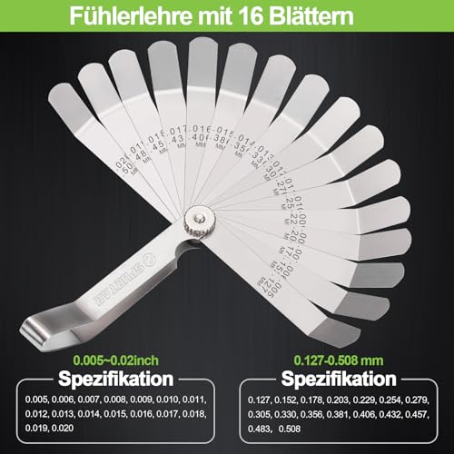 Spurtar 2 Stk. Fühlerlehren-Set 32-Blatt gerade Fühlerlehre und 16-Blatt gekröpfte Fühlerlehre Füllerlehre SAE Metrisch Füllerlehren-Set Fühlerlehren für Ventile, Gitarre, Zündkerze, Kolben messen