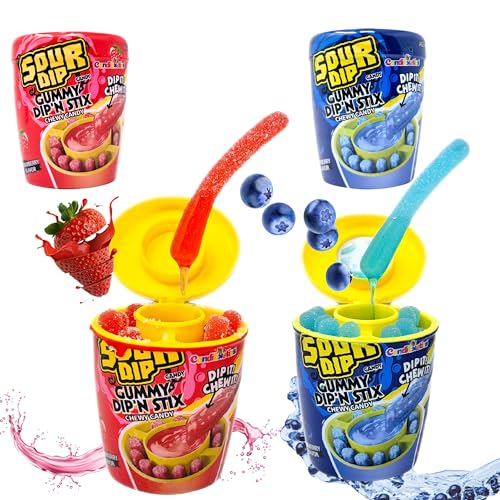 Image of CandiExotics Sour Juicy Dip Gummy Candy Dip'N Stix Combo - Strawberry & Blueberry Flavors, 2 x 96 g Cups - Sweet & Sour Vegan Gummies with Dip