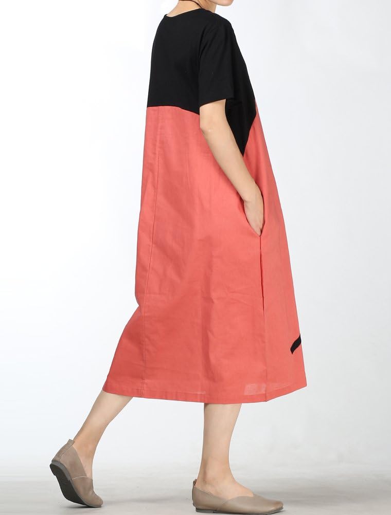 Minibee Women's Linen Casual Dress Summer Short Sleeve Midi A-line Boho Tunic Dresses with Pockets - Image 4