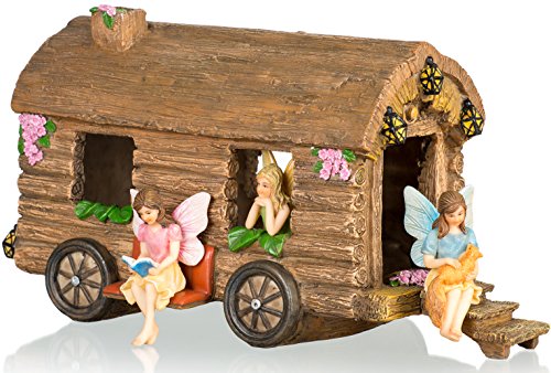Joykick Fairy Garden Caravan Kit - Miniature Hand Painted Figurine Statues with Accessories - Set of 4pcs for Your House or Lawn Decor