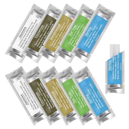 10 Bags Fragranced Car Diffuser Refills for RoyAroma Car Diffuser Vent Clips, Car Air Fresheners Scents Diffuser Perfume Essential Oil sticks- 5 Scents-Vanilla, Tea Tree, Sandalwood, Cinnamon, Jasmine