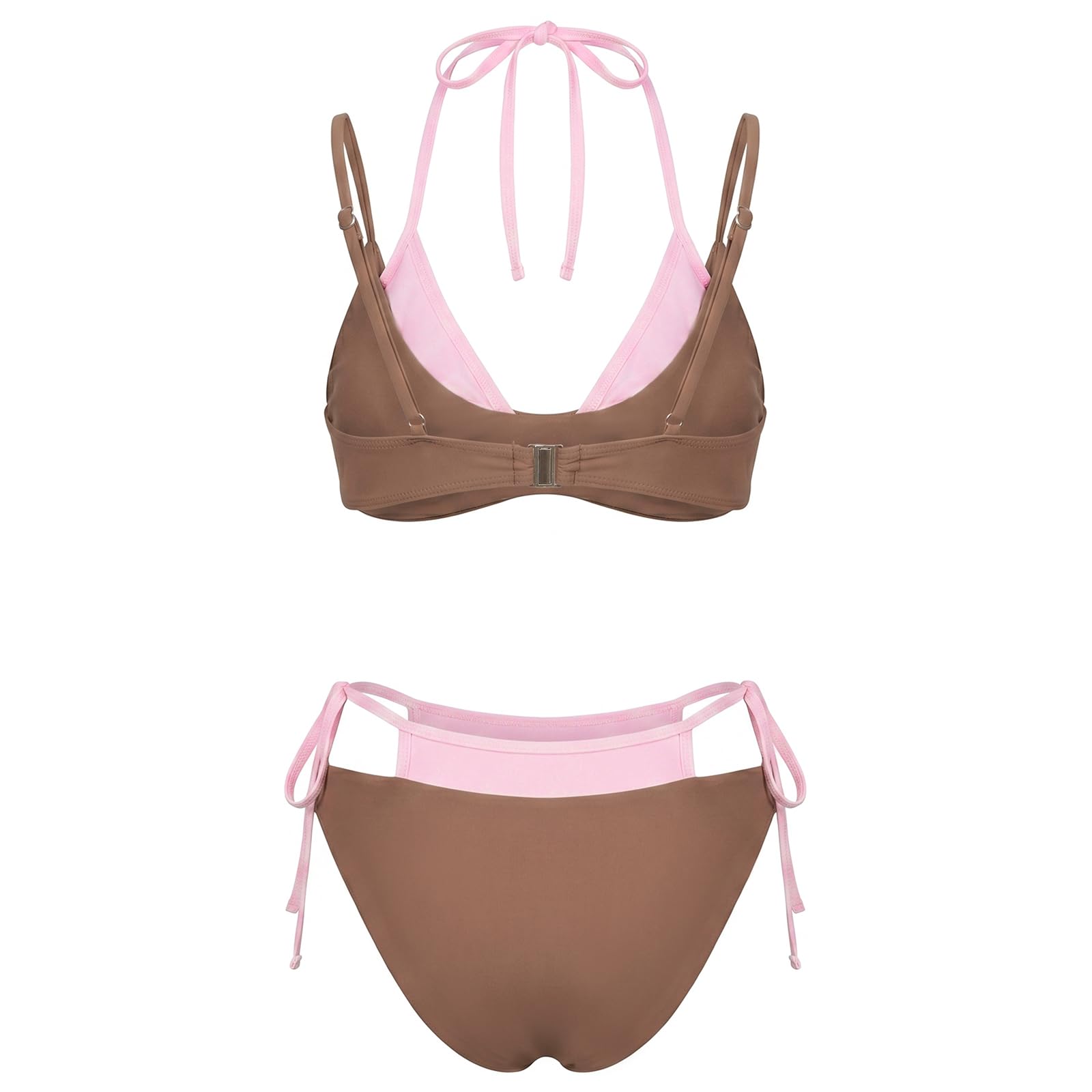 Sexy outfit Damski komplet bikini typu stringi wiązany na szyi Dwuwarstwowy strój kąpielowy z blokiem kolorów, wiązany po bokach na imprezę przy basenie na plaży