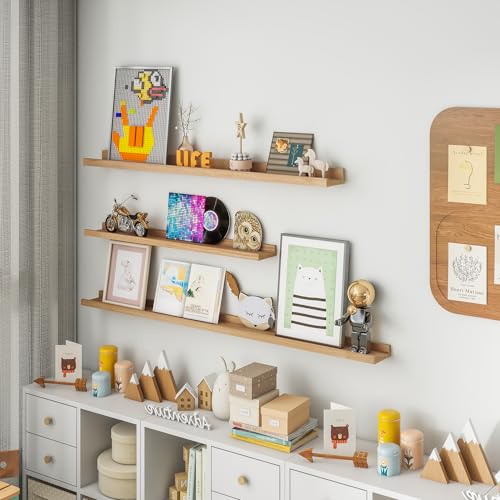 Acovy Solid Ash Wood Picture Ledge Shelf, 24 Inch Wood Floating Shelves with Lip Set of 2, Photo Ledge Shelf Nursery Bookshelf Wall Mounted for Living Room Bedroom Decor, Natural