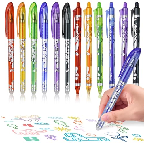 HJJMN Lot de 12 stylos effaçables de 0,5 mm avec gommes à l'extrémité, stylos à encre gel rétractables de 6 couleurs avec gomme à friction pour enfants et adultes, stylo gomme pour fournitures