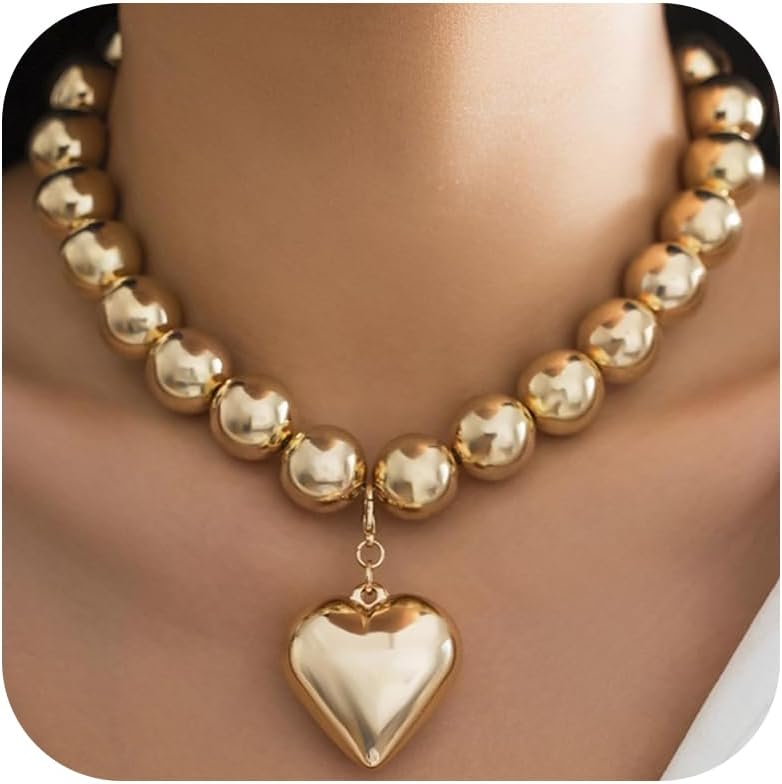 YANCHUN Chunky Heart Necklace Chunky Gold Pendant Necklaces for Women Trendy Large Beads Statement Heart Charm Necklace Jewelry Gifts