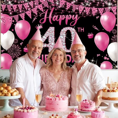 PHXEY Fabric 40th Birthday Banner Backdrop Hot Pink, Happy 40th Birthday Decoration for Women, 40 Year Old Birthday Party Yard Sign Photo Props Decor Supplies, Indoor Outdoor(6.1 x 3.6ft) by PHXEY - Image 3