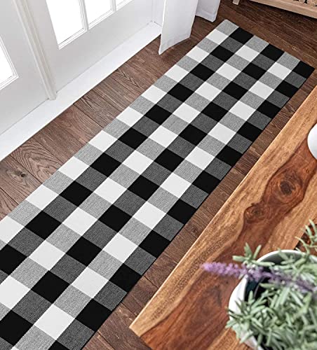 Earthall Buffalo Plaid Runner Rug Black And White 2'X8', Buffalo Check Rug Runner Hallway Entry Carpet, Cotton Hand-Woven Washable Outdoor Rug Runner Entryway/Front Porch/Bedroom (23.6"X95") #TOP5