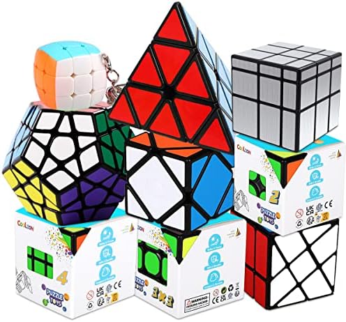 Coolzon Magic Cube Set, Puzzle Cube Set 2x2 3x3 4x4 Pyraminx Megaminx Mirror Skewb Fisher Bun Cube Keychain, Fast & Smooth Magic Cube Pack of 9