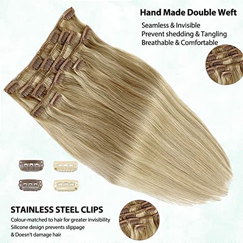 Image of Clip in Hair Extension Human Hair Balayage Blonde Mixed Bleach Blonde Real Hair Extensions Clip in Human Hair Extensions Real Human Hair 12inch for Full Head 7 Pieces 70 Gram
