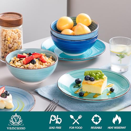 Miniatura 4 de Vancasso Serie Bonita Juego De Vajilla Completo 24 Piezas Pintados A Mano Con 6 Platos Llanos, 6 Platos De Postre, 6 Cuencos Para Pasta Y 6 Cuencos De Cereales, Vajilla Azul Colores Para 6 Personas