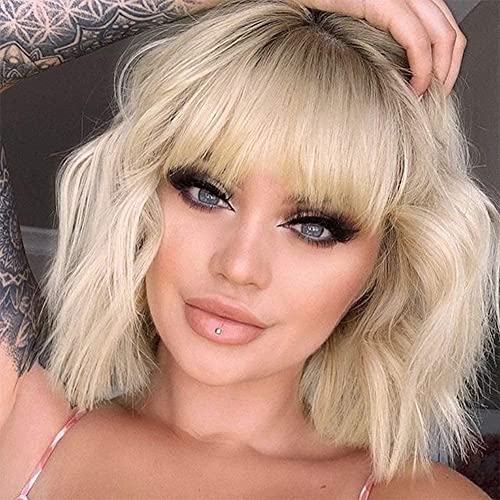 Civrie Short Wavy Wig with Bangs, 12nch Synthetic Dark Roots Ombre Blonde Bob Wigs for Black Women