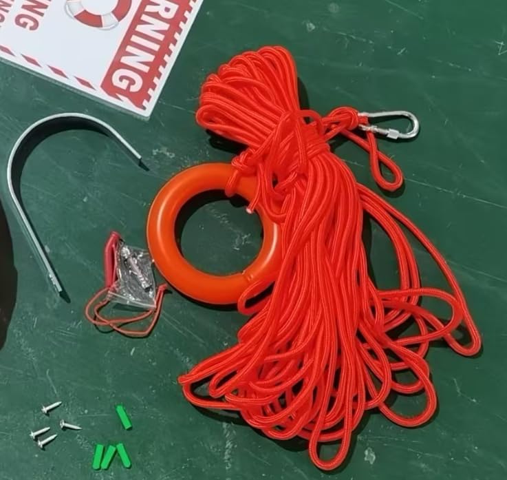Water Rescue Ring Kit, 20" Floating Throw Ring with 100 ft Rope, Pool Dock Safety Set with Mount Bracket, Whistle and Warning Sign