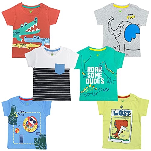 Image of Pack of 6 Baby Boys and Girls 100% Cotton Printed Regular fit Tshirts with Shoulder Poppers (0 to 24 Months)