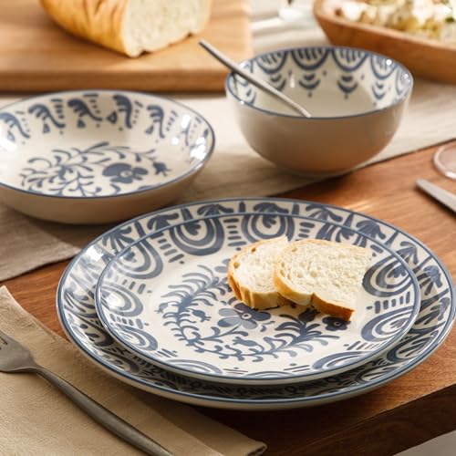Image of Bloomhouse - 2-Time Oprah's Favorite Things - Valencia Flor 16 Piece Dinnerware Set, Artisanal Decorated Stoneware Plates & Bowls, Service for 4, Microwave & Dishwasher Safe, Iris Blue
