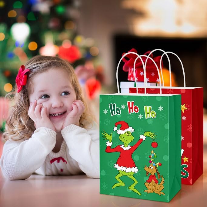 Miniatura 6 de CIOEY 16 bolsas de regalo de papel de Navidad, divertidas bolsas de recuerdo de fiesta para decoraciones de fiestas de Navidad, bolsas con asa verde