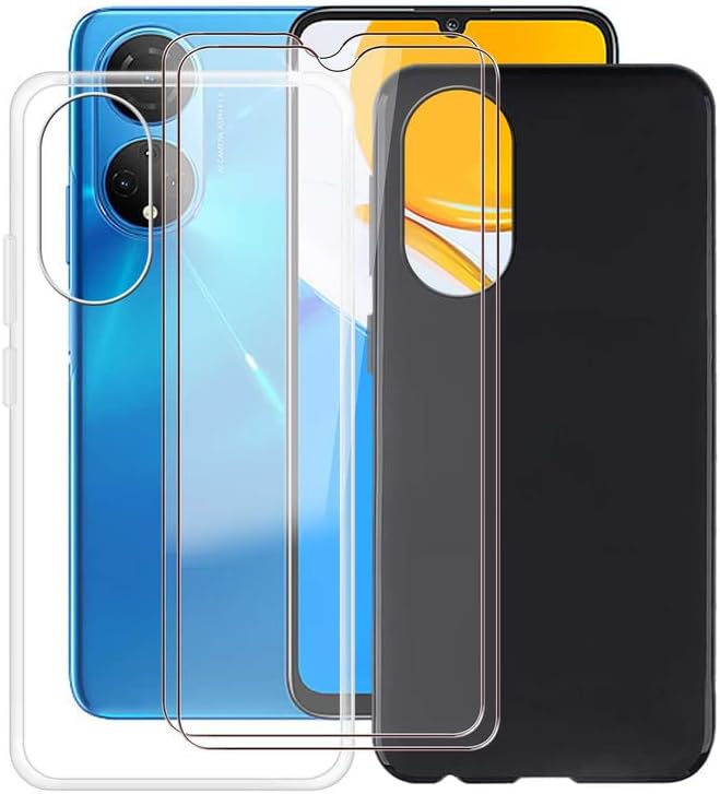 Phone Case for Honor X7 (6.74") Clear + Black Cover with [2 Pcs Tempered Glass Screen Protector] - Slim Flexible TPU Shockproof Anti-Scratch