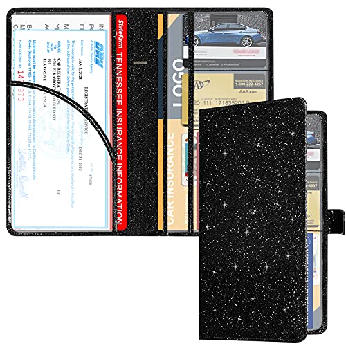Rsaquar Car Registration And Insurance Holder, Leather Glove Box Organizer Cool Car Accessories, Car Document Holder For Cards, Driver's License And Essential Document, Black Glitter #TOP6