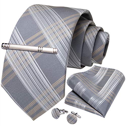 Image of DiBanGu Plaid Ties for Men Silk Checkered Necktie and Pocket Square Cufflinks Tie Clip Set with Gift Box for Wedding Business